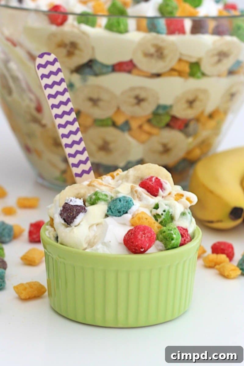 Berry Colossal Crunch Banana Pudding served in a clear bowl