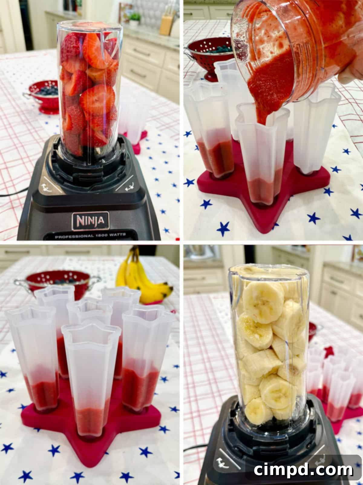The first few steps of making 3-Ingredient Patriotic Fruit Pops are shown, including blending strawberries and pouring them into molds.