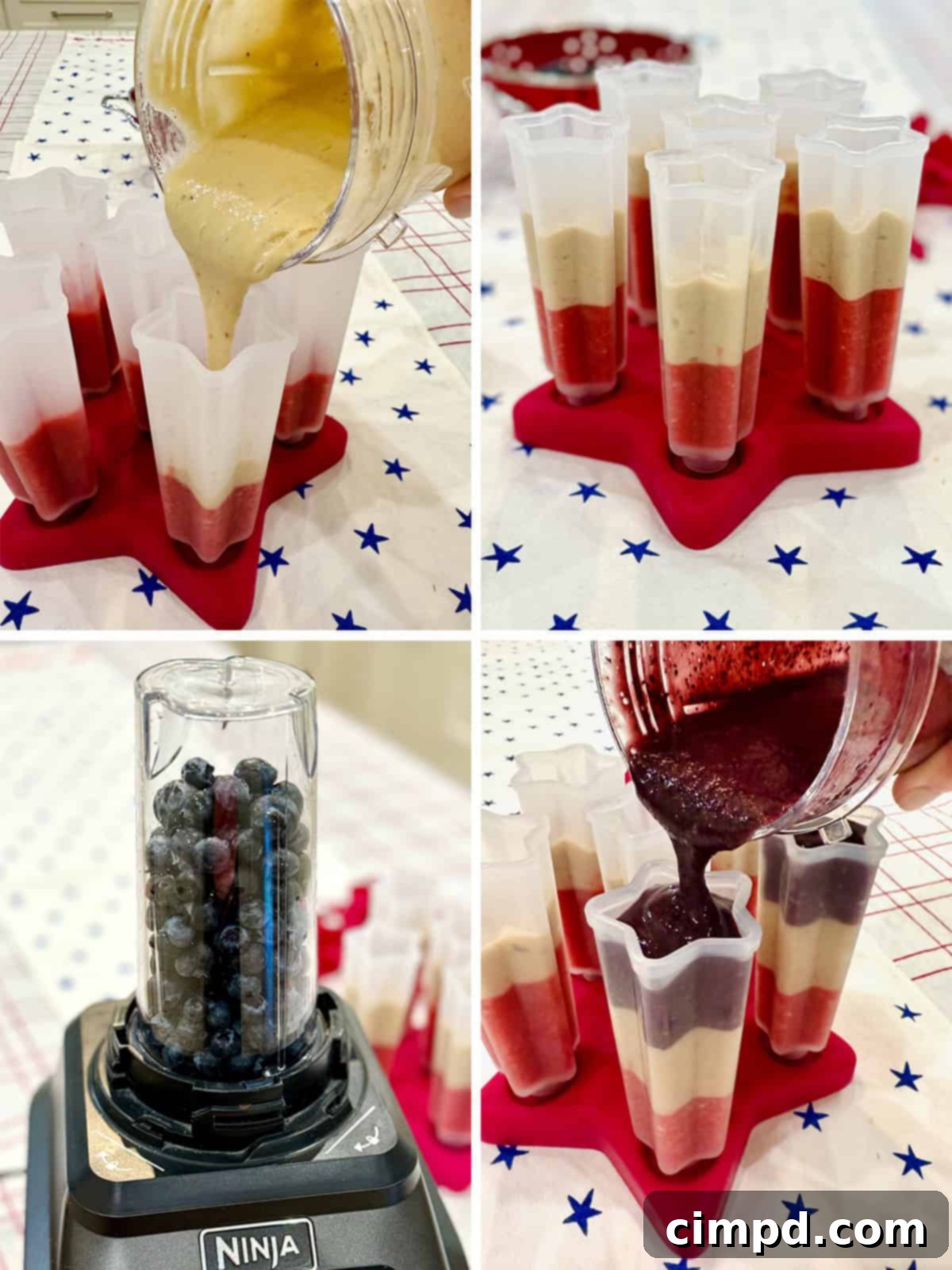 The process continues with blending bananas and blueberries and adding them as layers to the fruit pops.