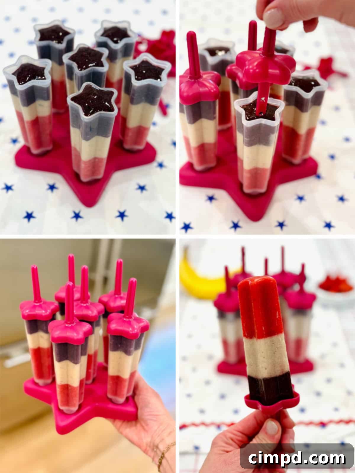 The final steps of making patriotic fruit pops, showing the insertion of sticks and the finished frozen treats.