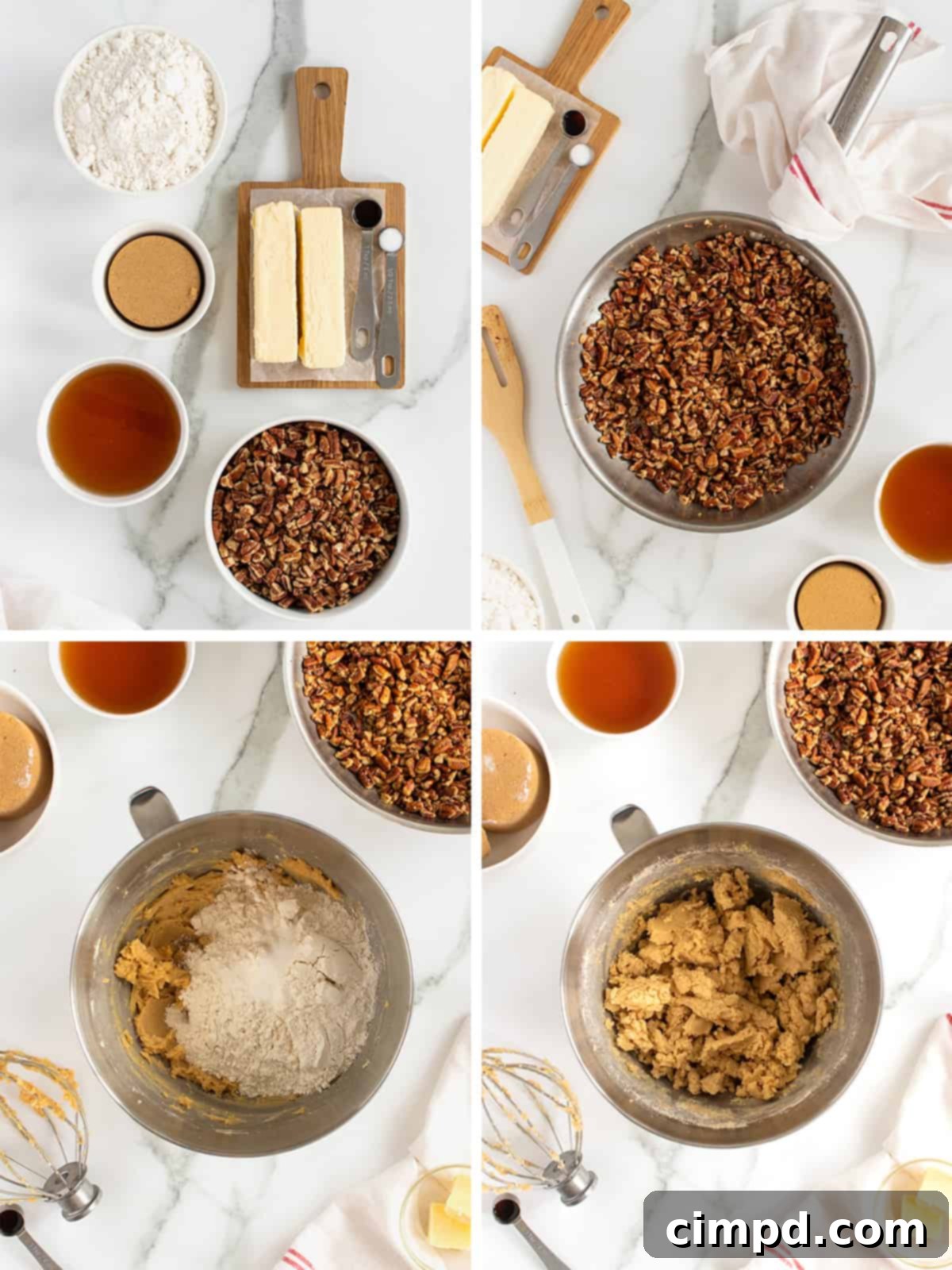 Step-by-step image showing mixing butter and sugar for the crust, followed by pressing the dough into a mini muffin tin for Pecan Pie Bites.