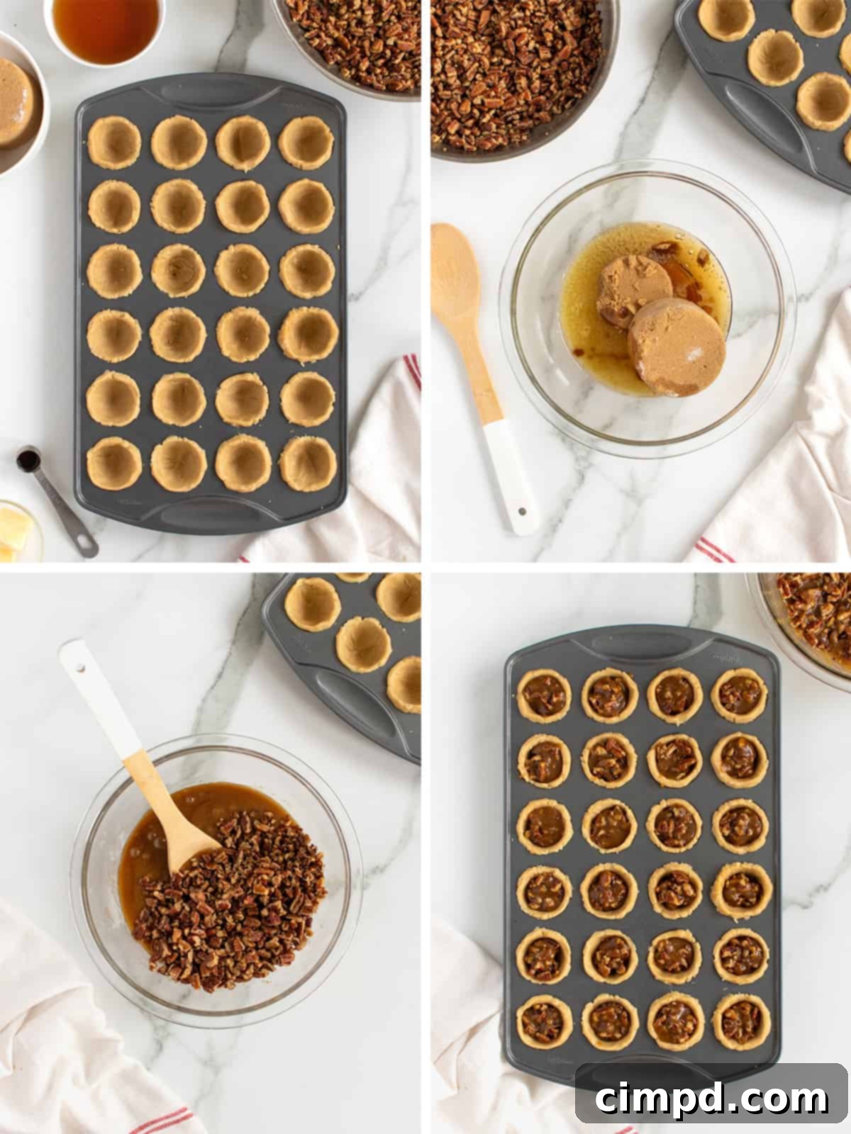Image illustrating pecan filling being spooned into mini pie crusts, and the tray partially baked in the oven.