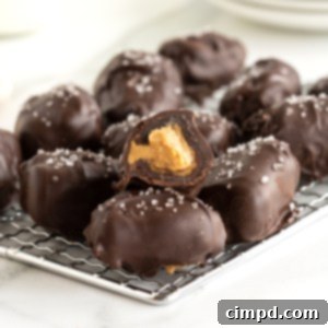 Salted Dark Chocolate Peanut Butter Stuffed Dates 11 Chocolate covered stuffed dates on a wire rack on the counter.