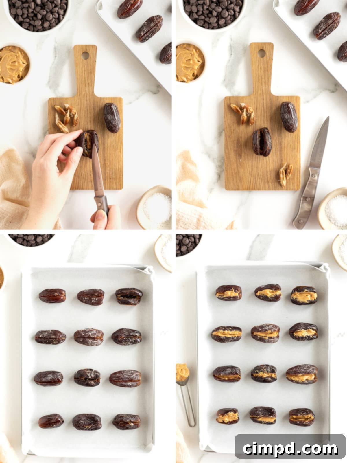 Salted Dark Chocolate Peanut Butter Stuffed Dates 7 Steps for stuffing fresh dates with chunky peanut butter.