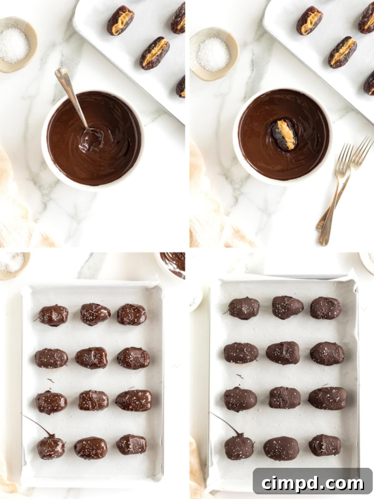 Salted Dark Chocolate Peanut Butter Stuffed Dates 8 Steps to dipping peanut butter stuffed dates in chocolate.