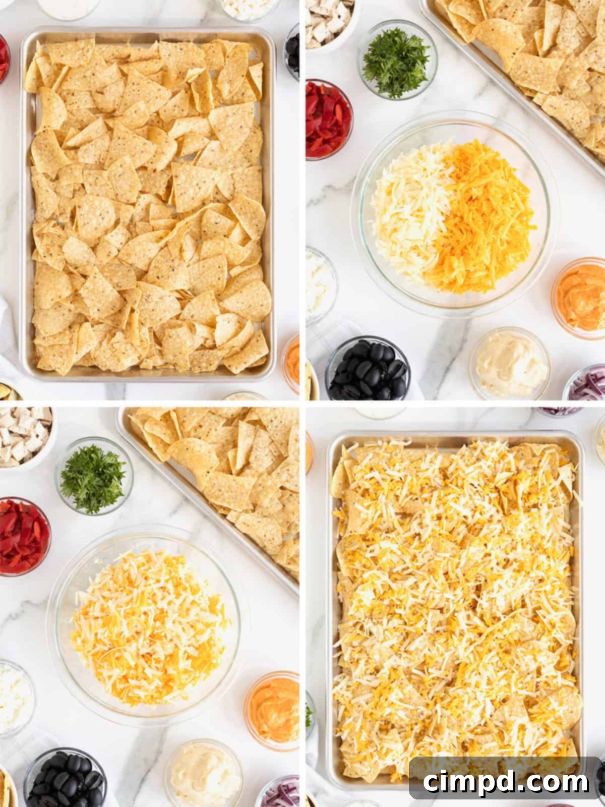Step-by-step photos illustrating how to layer ingredients for Mediterranean nachos.
