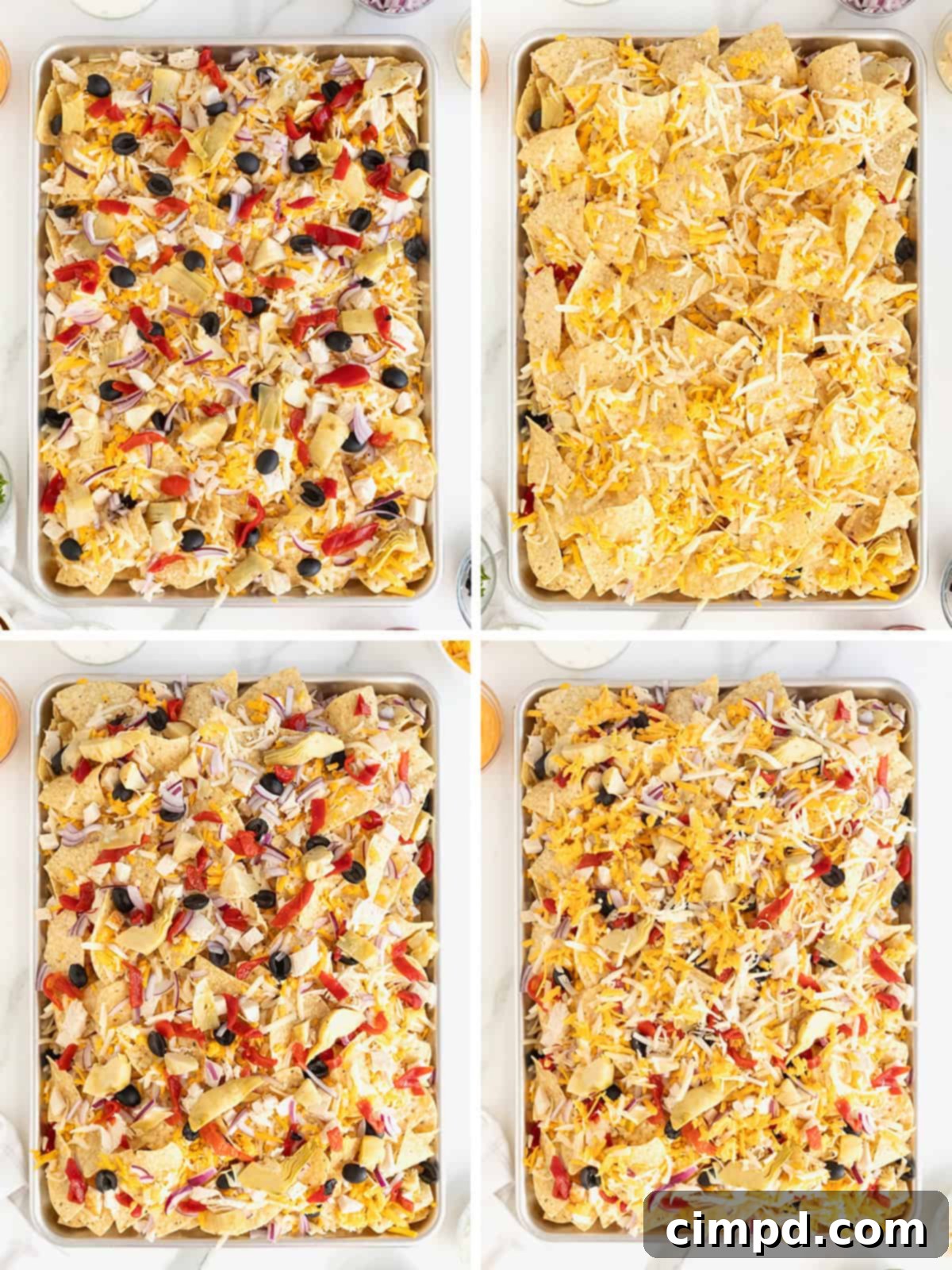 More steps showing the layering process for nachos, specifically with pita chips.