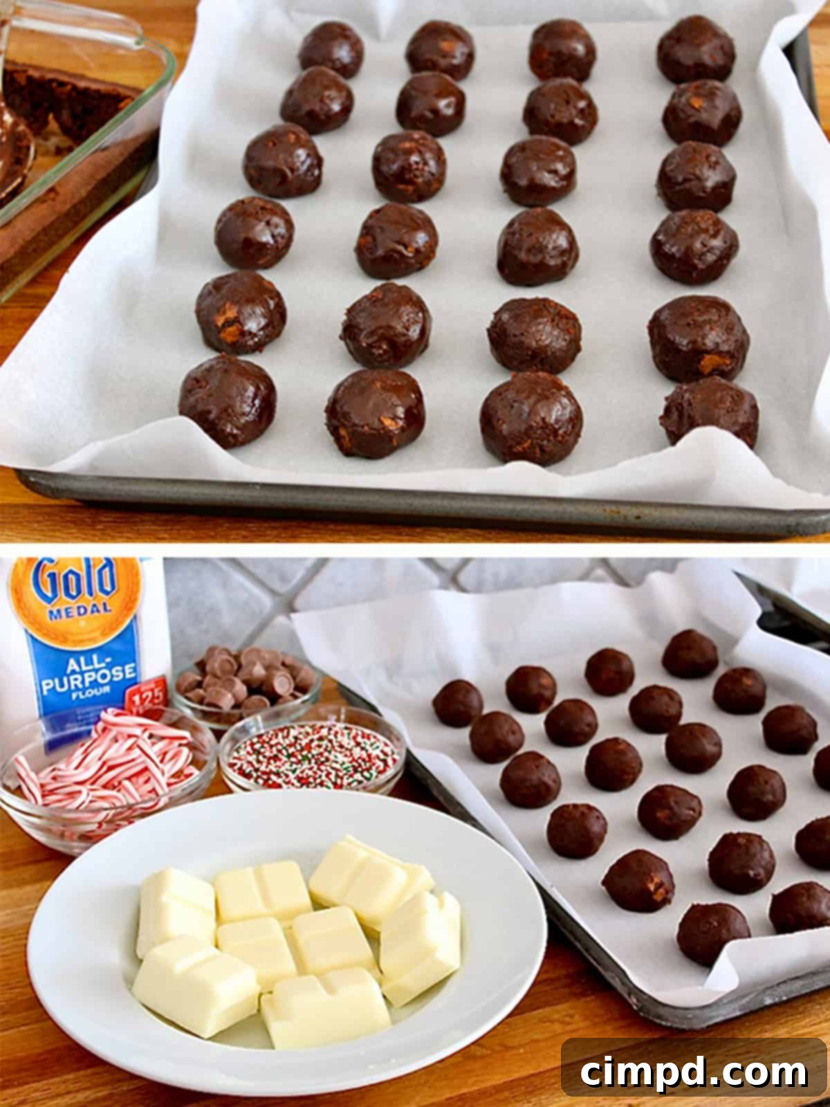 Brownie balls neatly arranged on a parchment-lined baking sheet, prepared and ready to be placed in the freezer for chilling.
