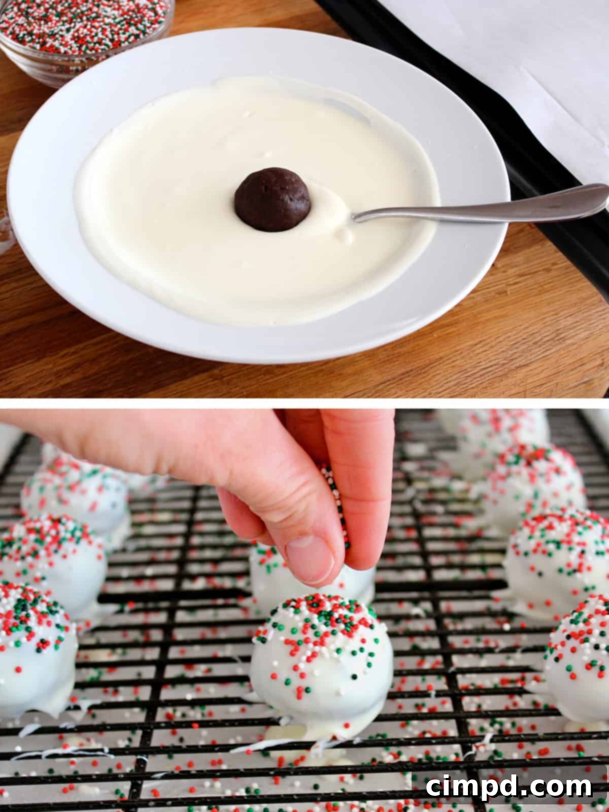 A close-up view showing the dipping process of Ornament Brownie Balls into vanilla candy coating and immediate decoration with festive sprinkles.