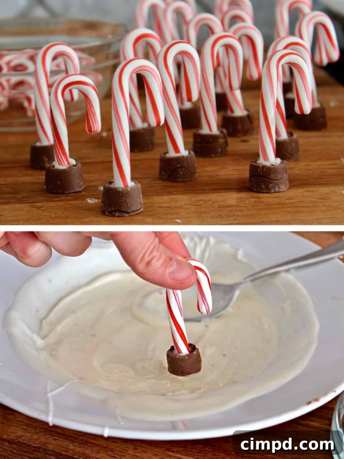 Detailed photographic steps demonstrating how to prepare and attach the candy cane and caramel toppers to the Ornament Brownie Balls.