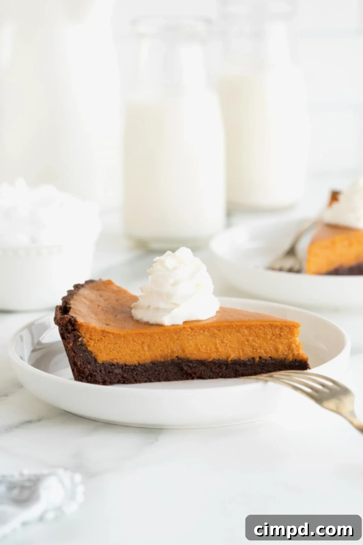 A close-up of a delightful slice of Dark Chocolate Pumpkin Tart, featuring its distinct chocolate crust and vibrant pumpkin filling, beautifully plated on a white rimmed dish. It's crowned with a swirl of freshly whipped cream, making it an irresistible dessert presentation.