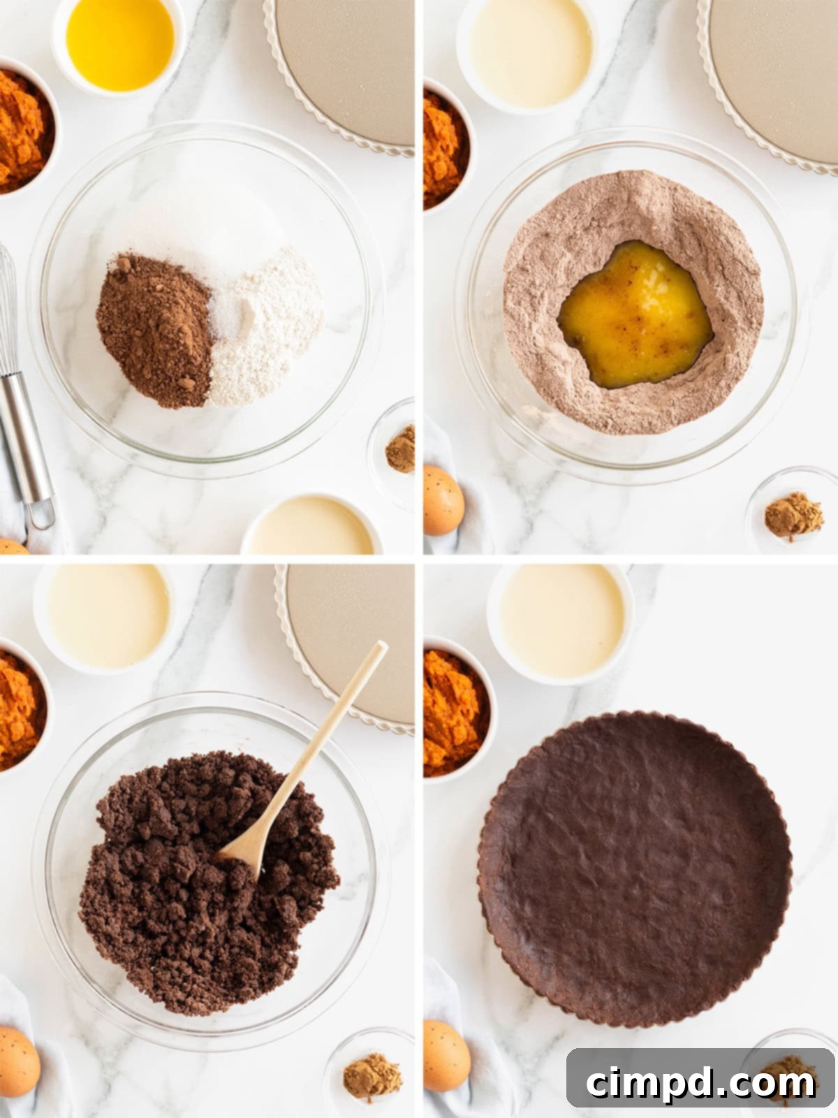 A series of images depicting the steps to make a dark chocolate pumpkin tart, showing ingredients being mixed, dough pressed into the pan, and the crust being baked.