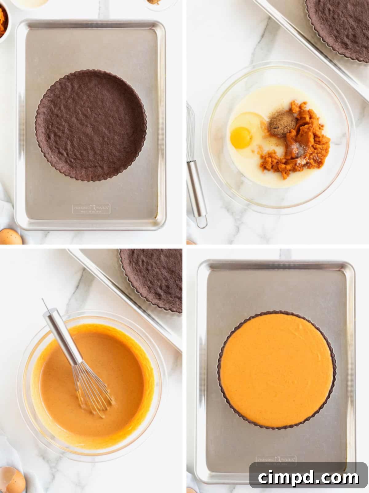 A series of images illustrating the next steps in making a dark chocolate pumpkin tart, including mixing the filling and pouring it into the partially baked chocolate crust.