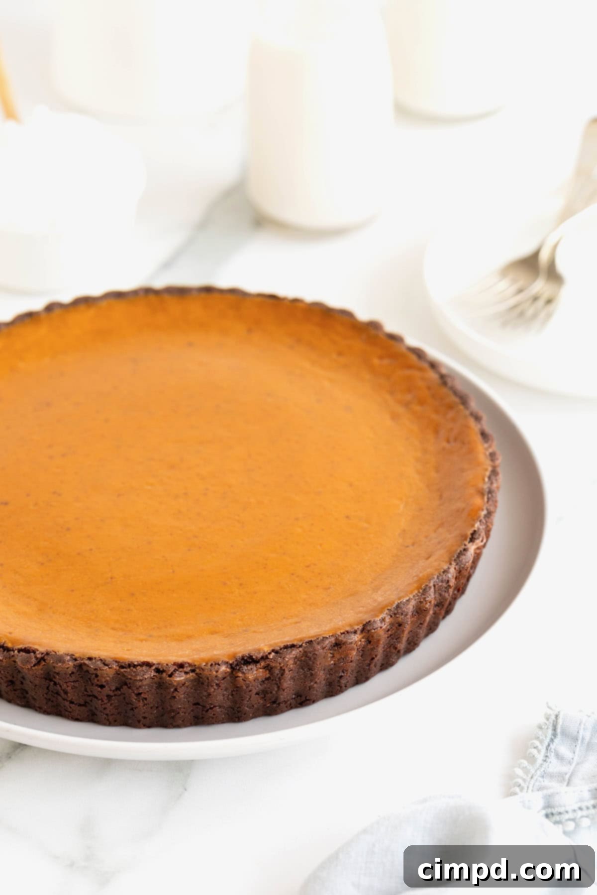 A pristine Dark Chocolate Pumpkin Tart with its dark, inviting chocolate crust, presented elegantly on a white serving plate, highlighting its rich textures and autumnal hues.