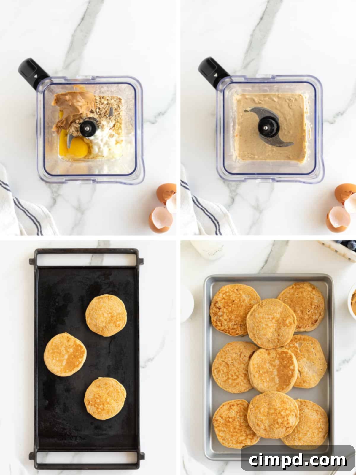 Simple 5-Ingredient Flourless Protein Pancakes 8 A visual guide showing the easy steps to make flourless pancakes, from blending the ingredients to cooking them on a griddle, highlighting the simplicity of the process.