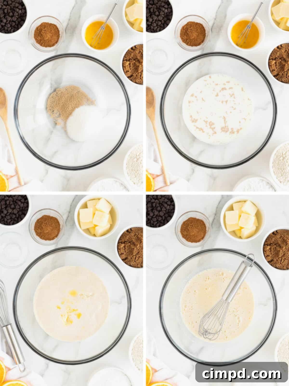 A visual step-by-step guide illustrating the initial stages of preparing Chocolate Orange Cinnamon Roll dough, from mixing to its first rise.