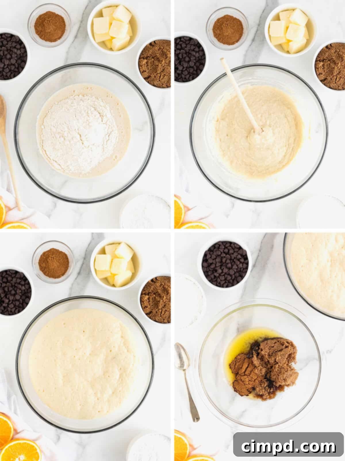 A series of images demonstrating the steps to prepare the cinnamon and chocolate orange filling for the cinnamon rolls.