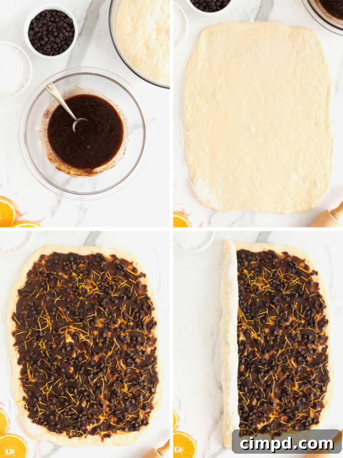 A sequence of photographs detailing the rolling and slicing process for creating perfect orange chocolate cinnamon rolls.