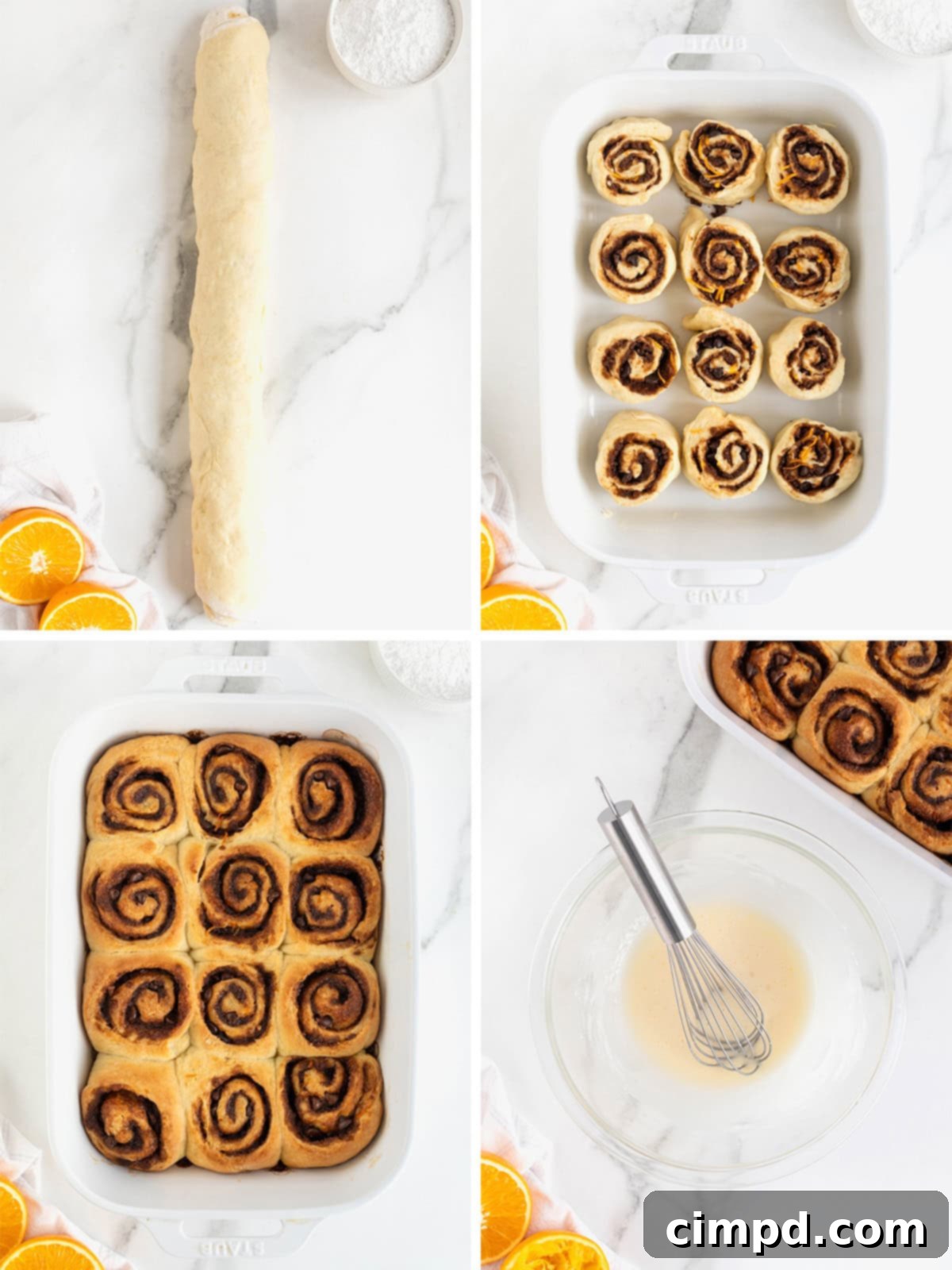 Final steps in making Chocolate Orange Cinnamon Rolls, showing the rolls baking and being drizzled with glaze.