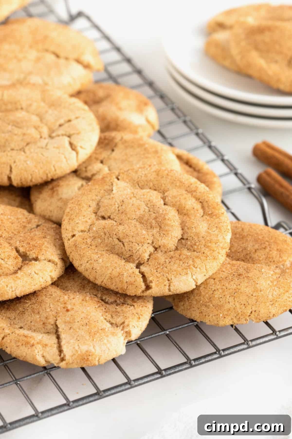A wire cooling rack stacked high with golden-brown chewy gingerdoodle cookies, each dusted with a cinnamon-sugar coating.