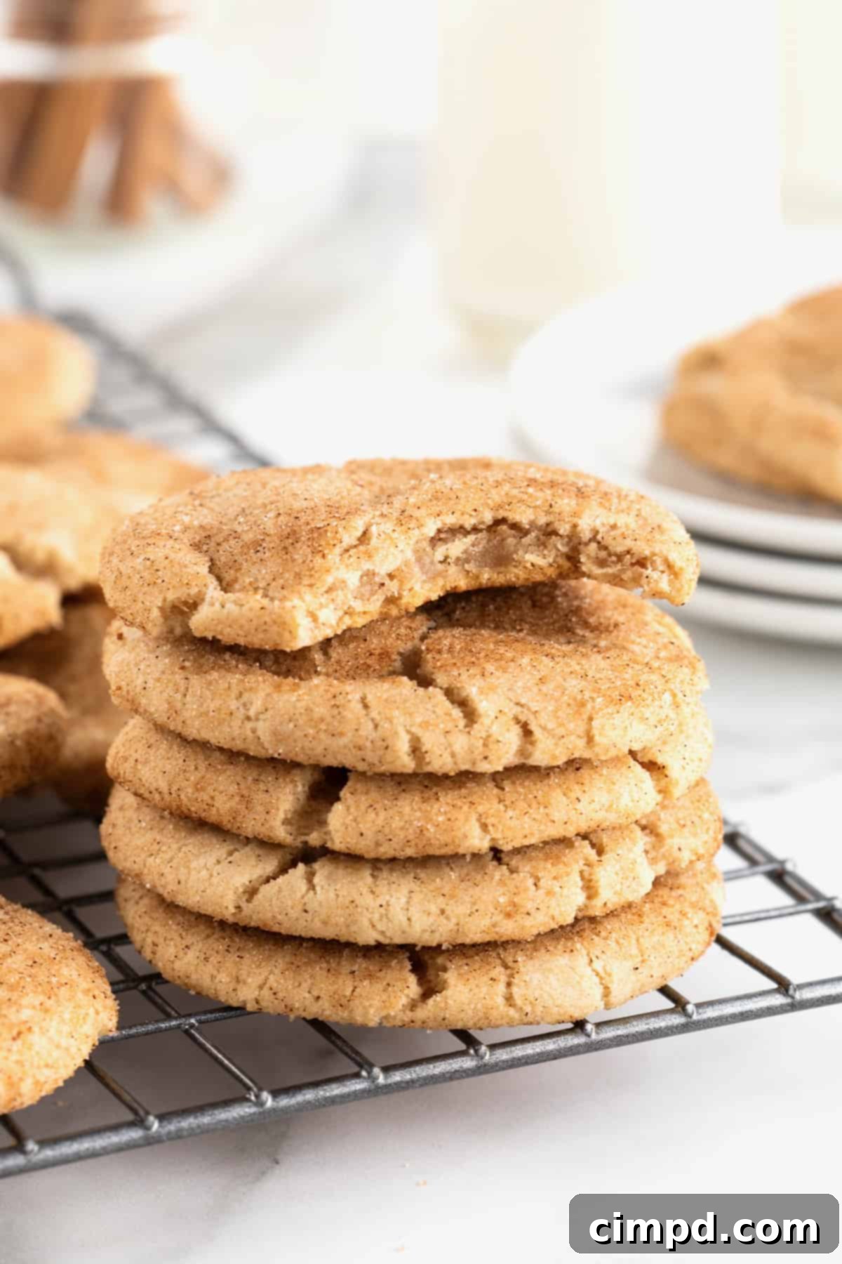 Five soft, crinkled gingerdoodle cookies are neatly stacked on the corner of a wire cooling rack. The top cookie shows a clear bite mark, revealing its chewy interior.