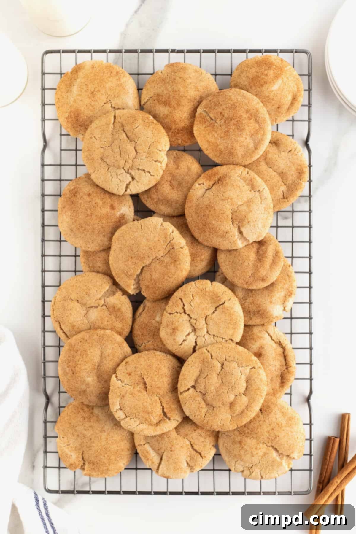 A neat stack of gingerdoodle cookies rests on a wire cooling rack, showcasing their uniform shape and appealing texture.