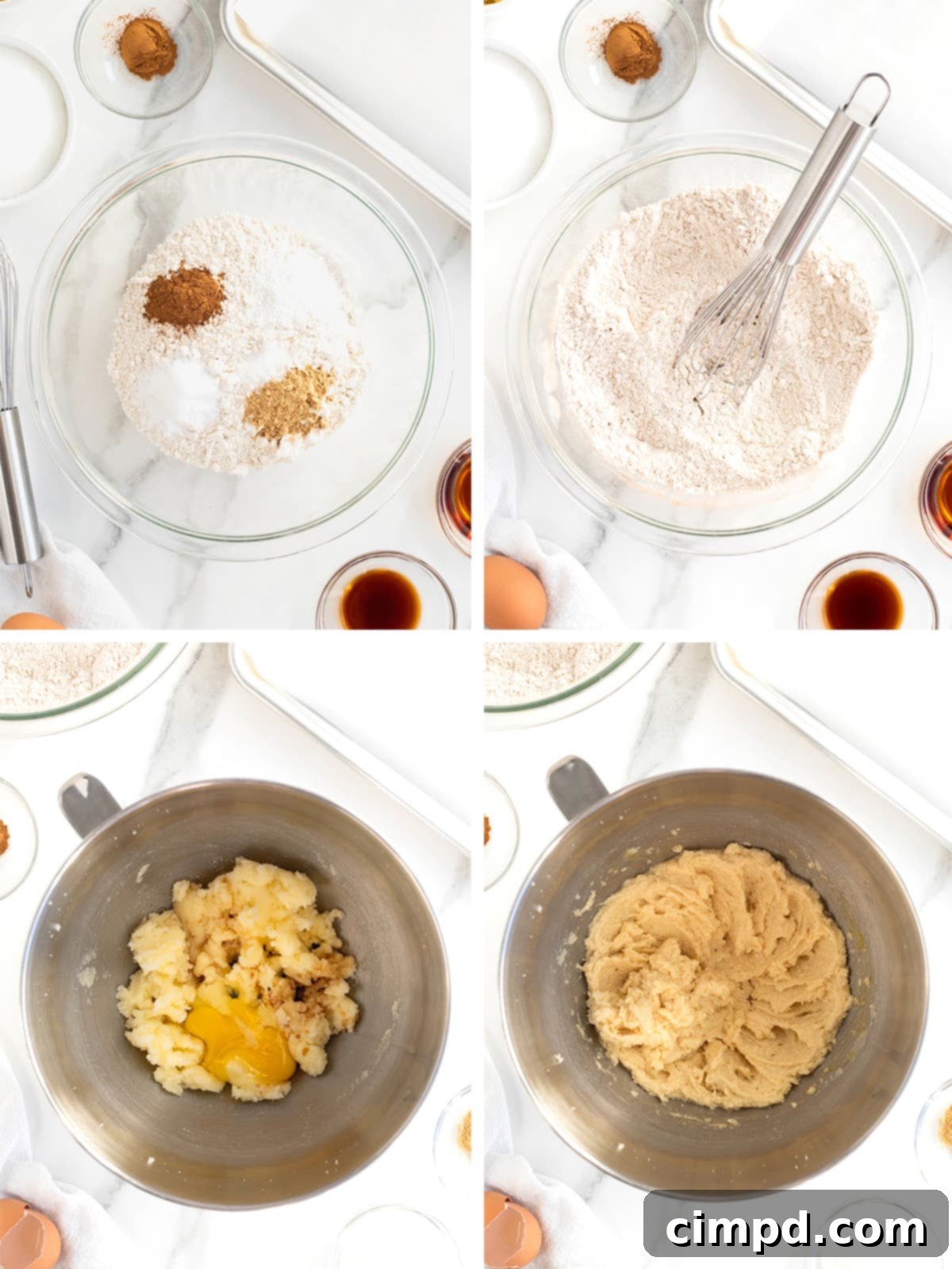 A series of close-up photos demonstrating the initial steps of making chewy gingerdoodle cookies, including mixing dry ingredients and creaming butter and sugar.