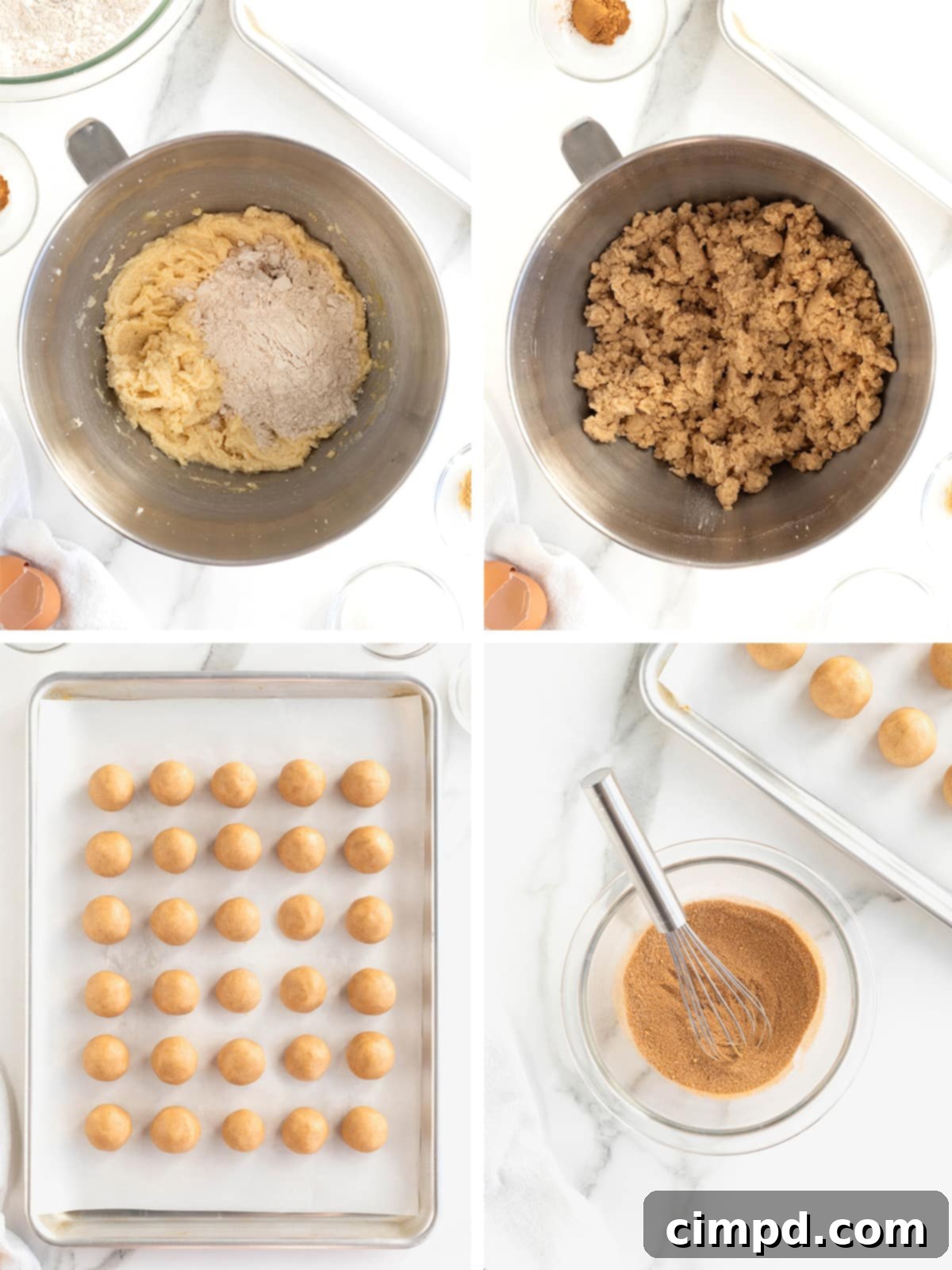 Additional steps in the gingerdoodle cookie making process, showing dough balls being rolled and chilled, and the spice coating being prepared.