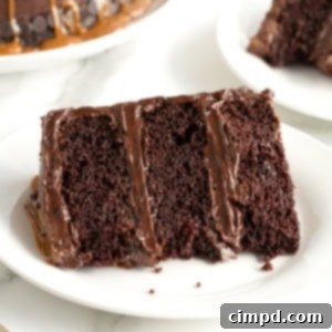 A slice of chocolate fudge caramel 3 layer cake on its side on a small white dessert plate.