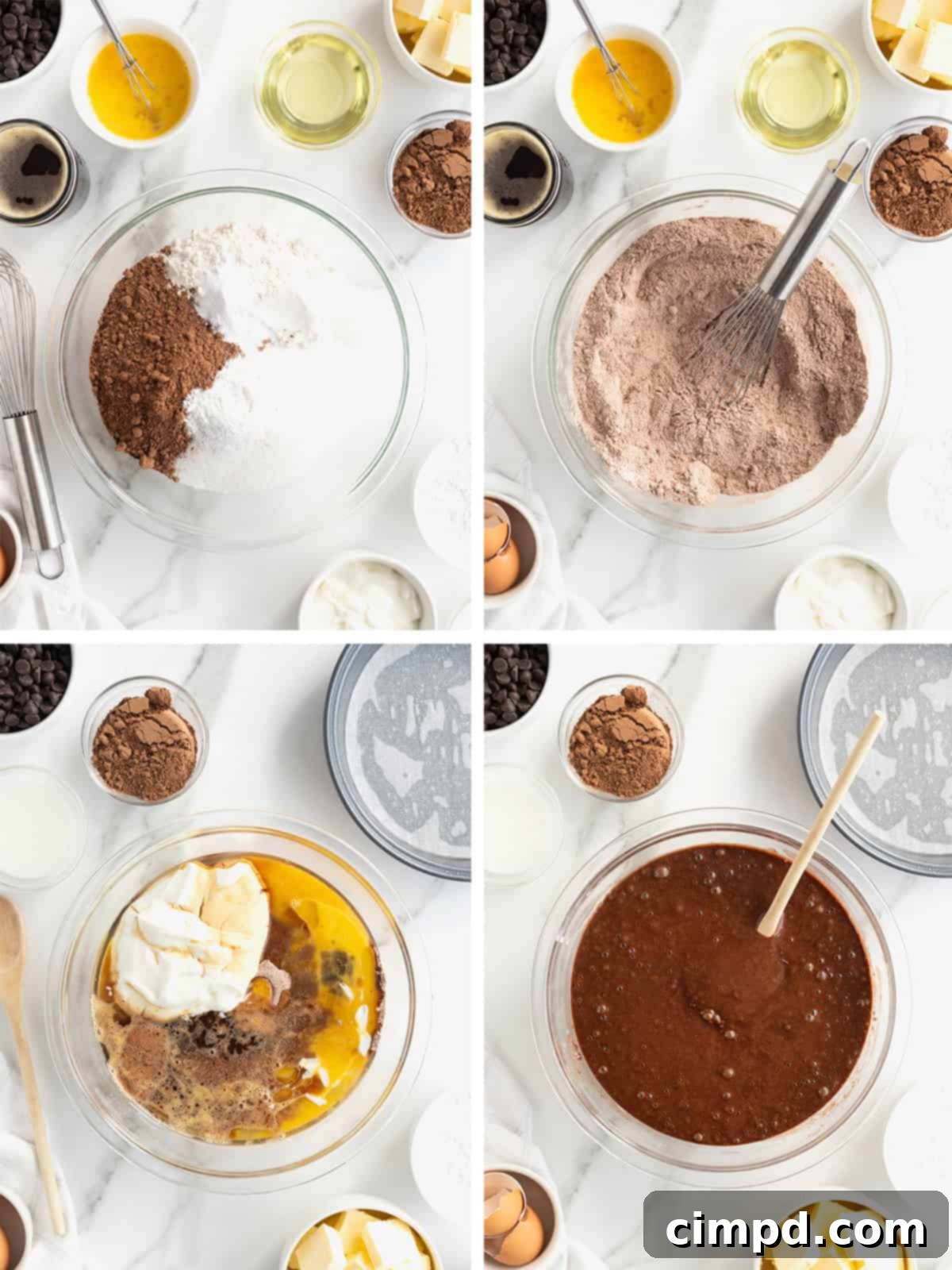 A visual guide showing the initial steps to make a fudge stout cake, focusing on mixing ingredients.