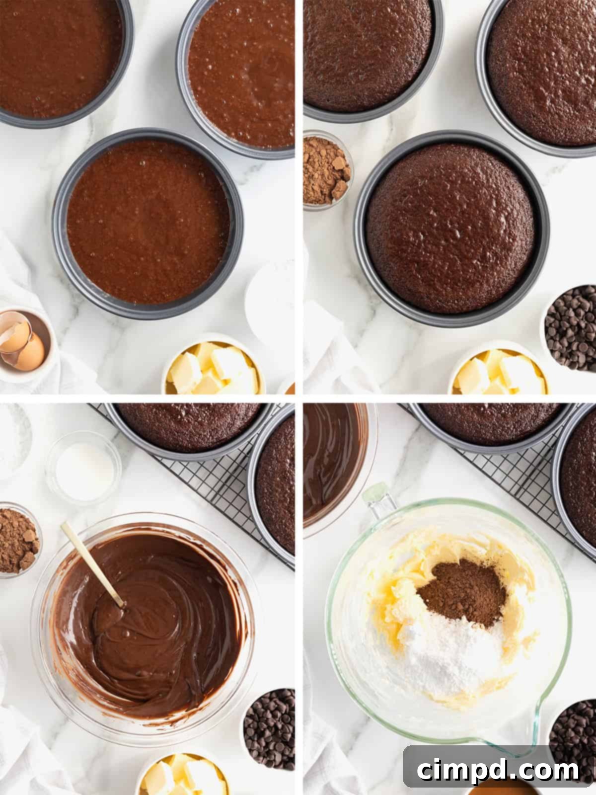 A visual step-by-step guide demonstrating the process of making fudge caramel stout cake, focusing on batter distribution and cooling.