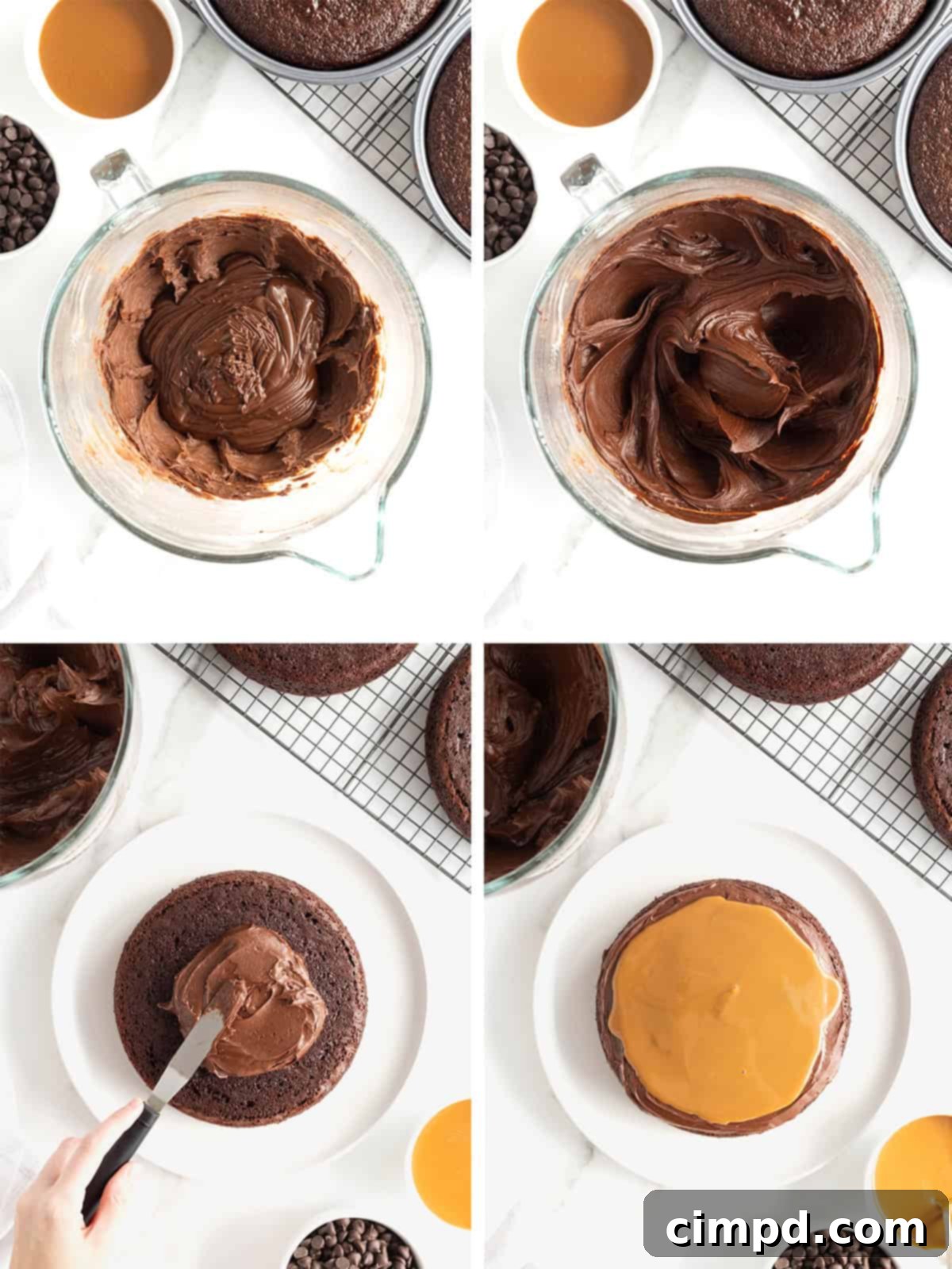 A visual guide detailing the final assembly steps for a fudge caramel stout cake, including frosting and caramel application.