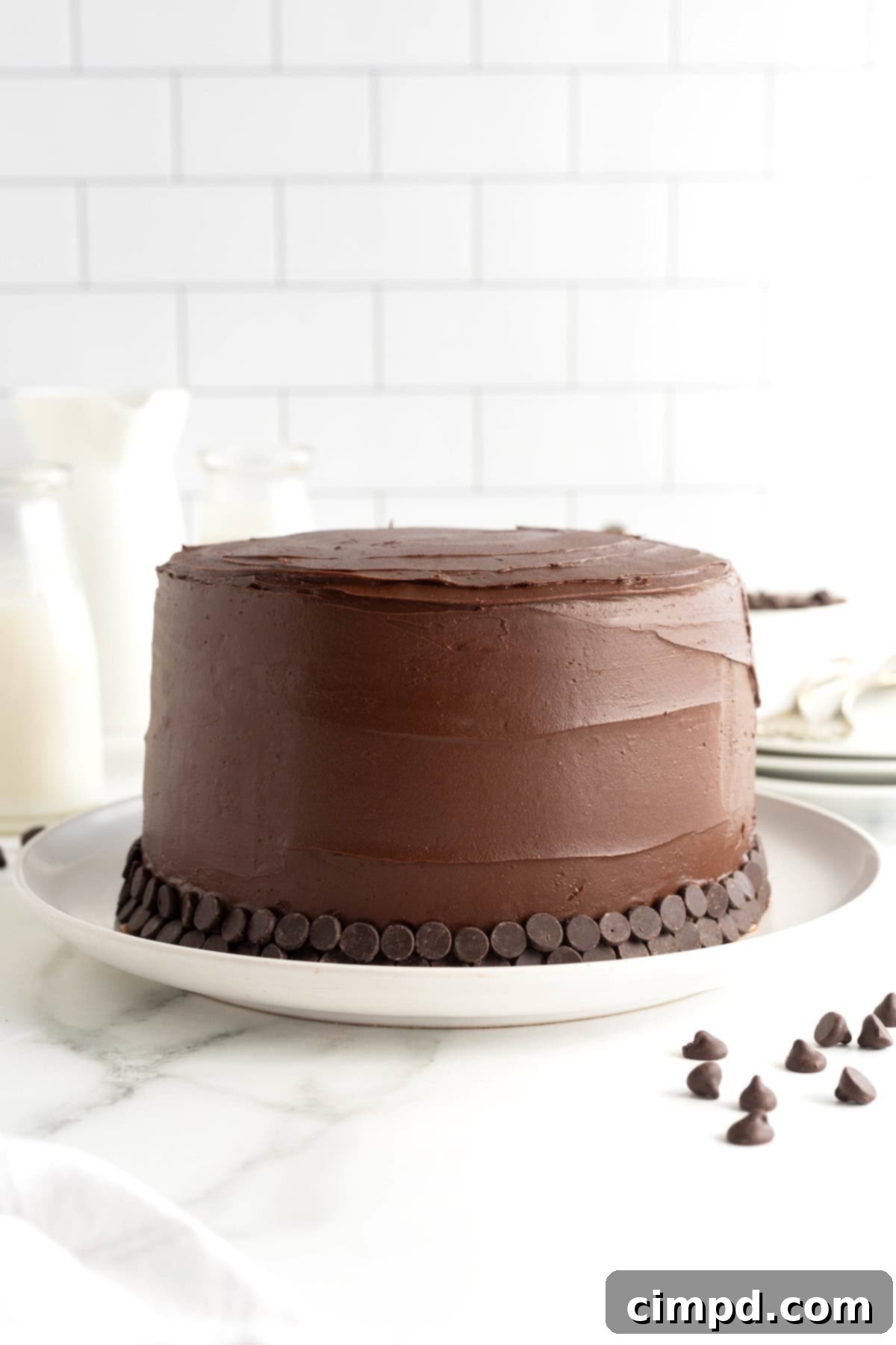 A fully iced chocolate layer cake, adorned with two neat rows of dark chocolate chips pressed into its bottom edge, encircling the entire cake.