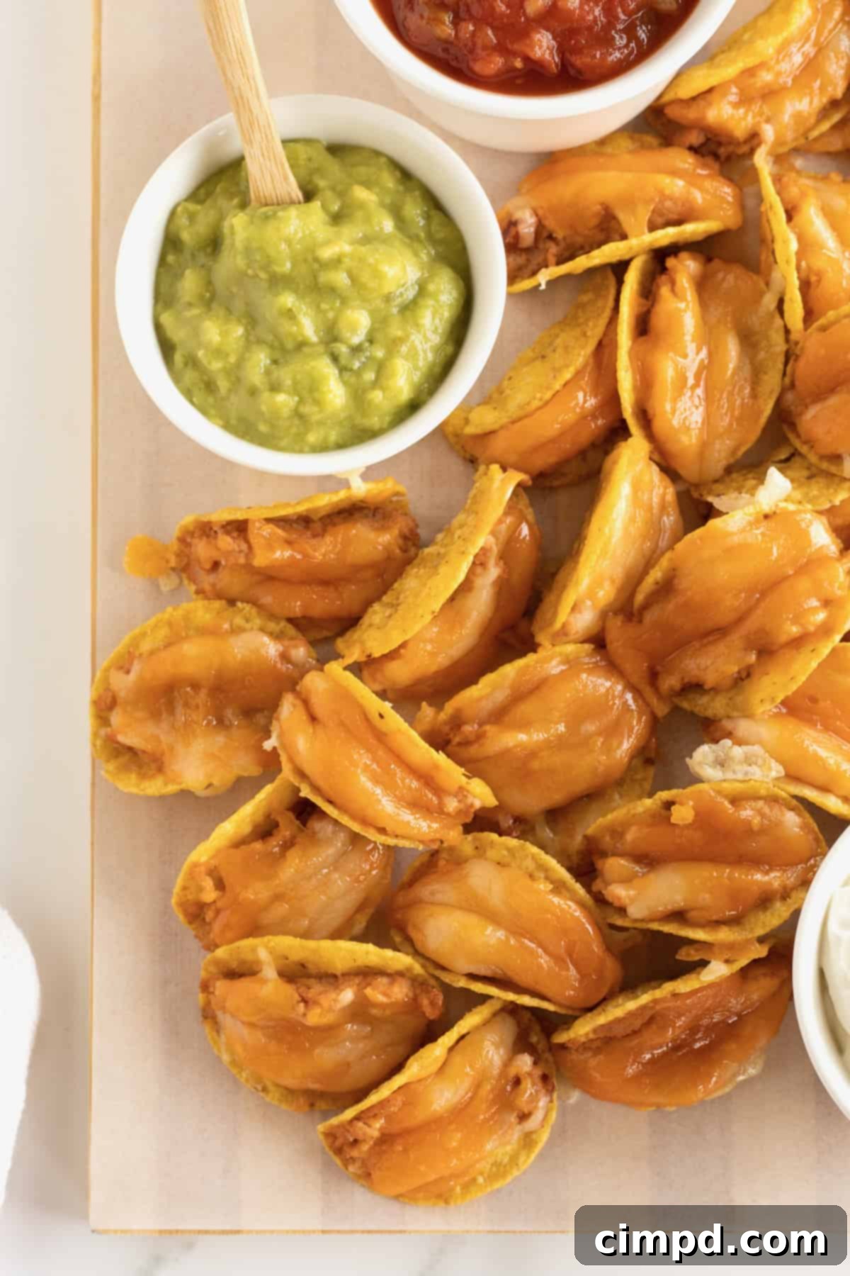 Taco bites made out of tortilla chips, refried beans and cheese served with a bowl of guacamole.