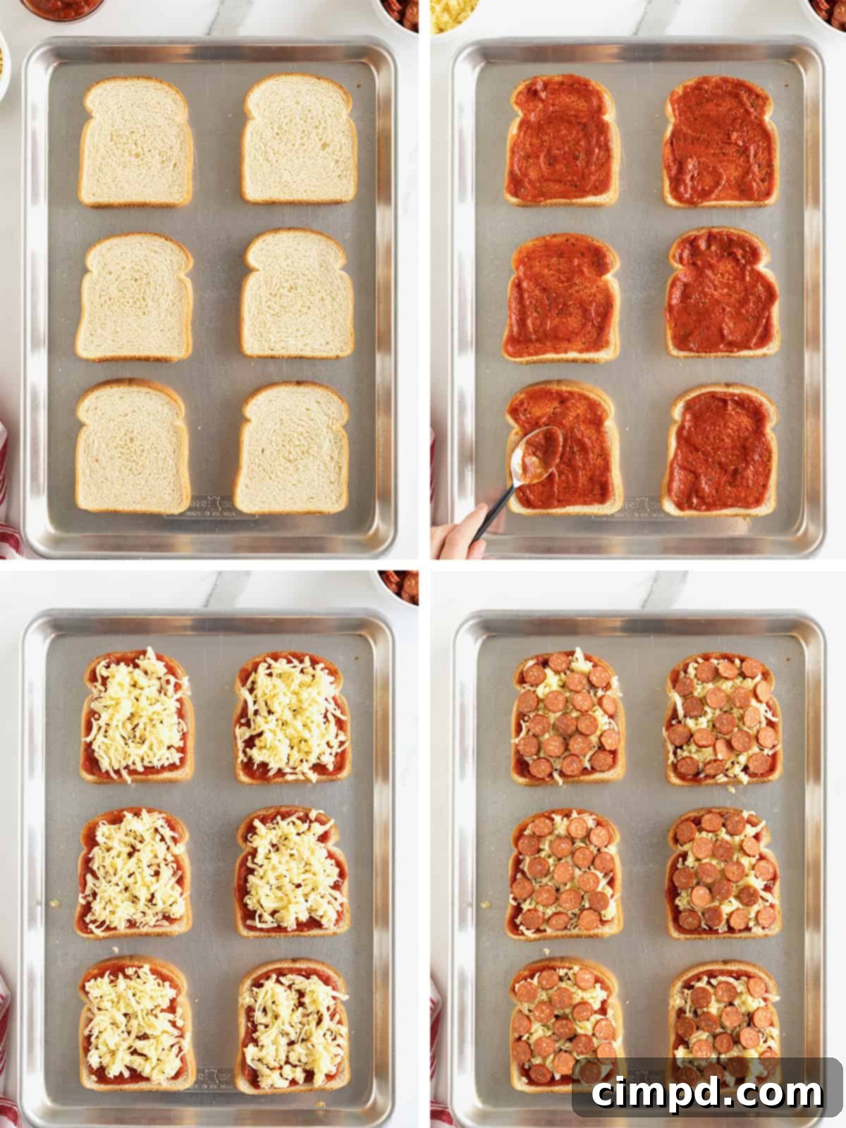 A visual guide depicting the steps to create perfect pizza toast, from bread to fully topped slices.