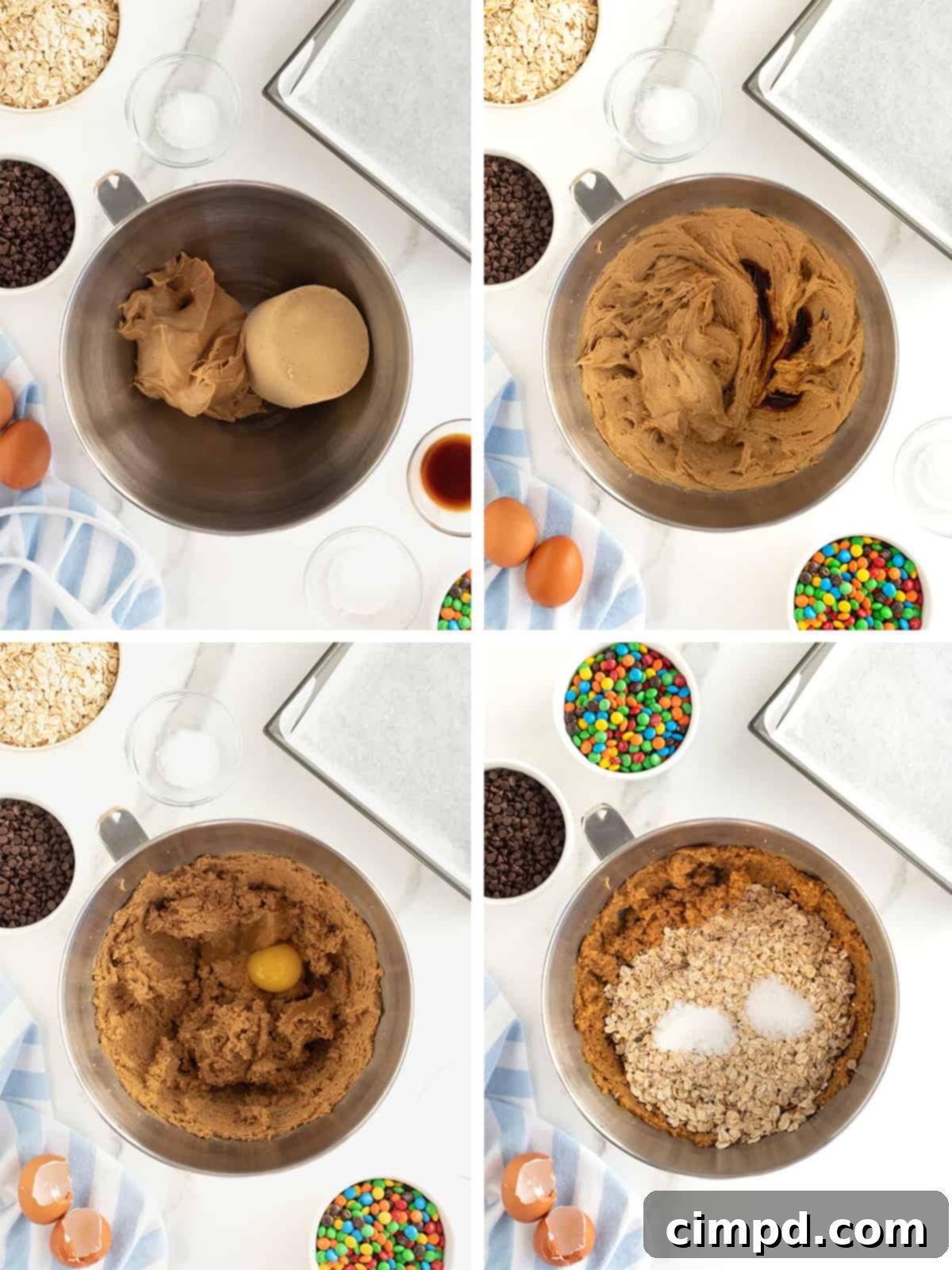 A visual guide showing the initial steps of combining wet and dry ingredients to form the dough for flourless monster cookie bars.