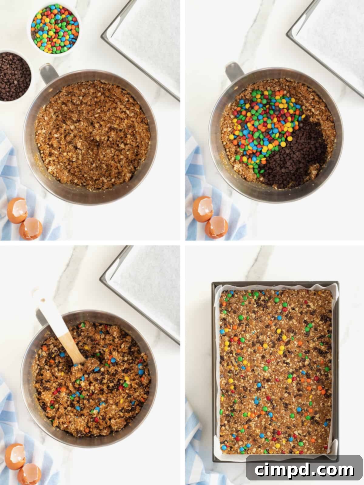 A series of images illustrating the process of mixing in chocolate chips and M&Ms, then pressing the dough into a baking pan.