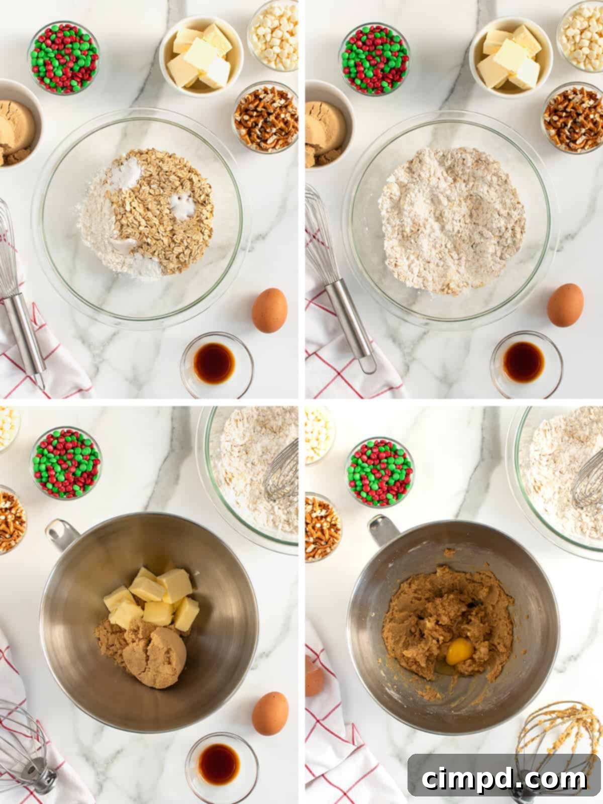 Close-up of Sleigh Mix Cookies baking on a parchment-lined sheet, showing the golden edges.