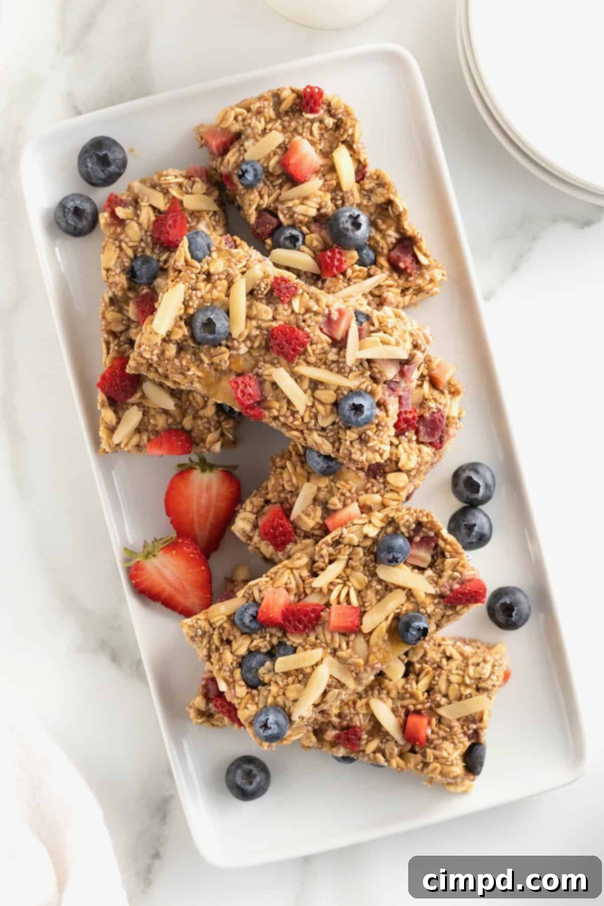 A white rectangular serving platter stacked with overnight oats bars and blueberries and strawberry slices scattered around.