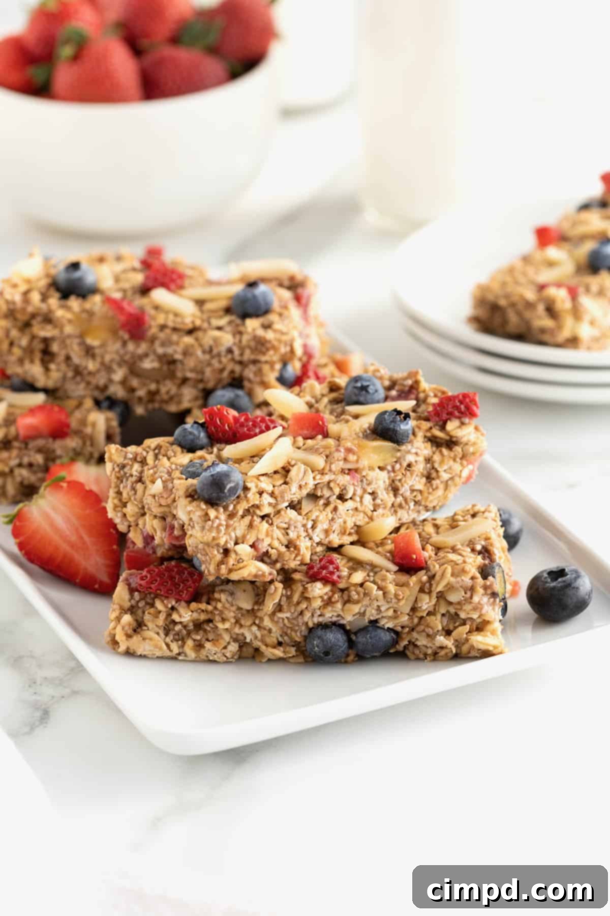 A white rectangular serving platter stacked with overnight oats bars and blueberries and strawberry slices scattered around.