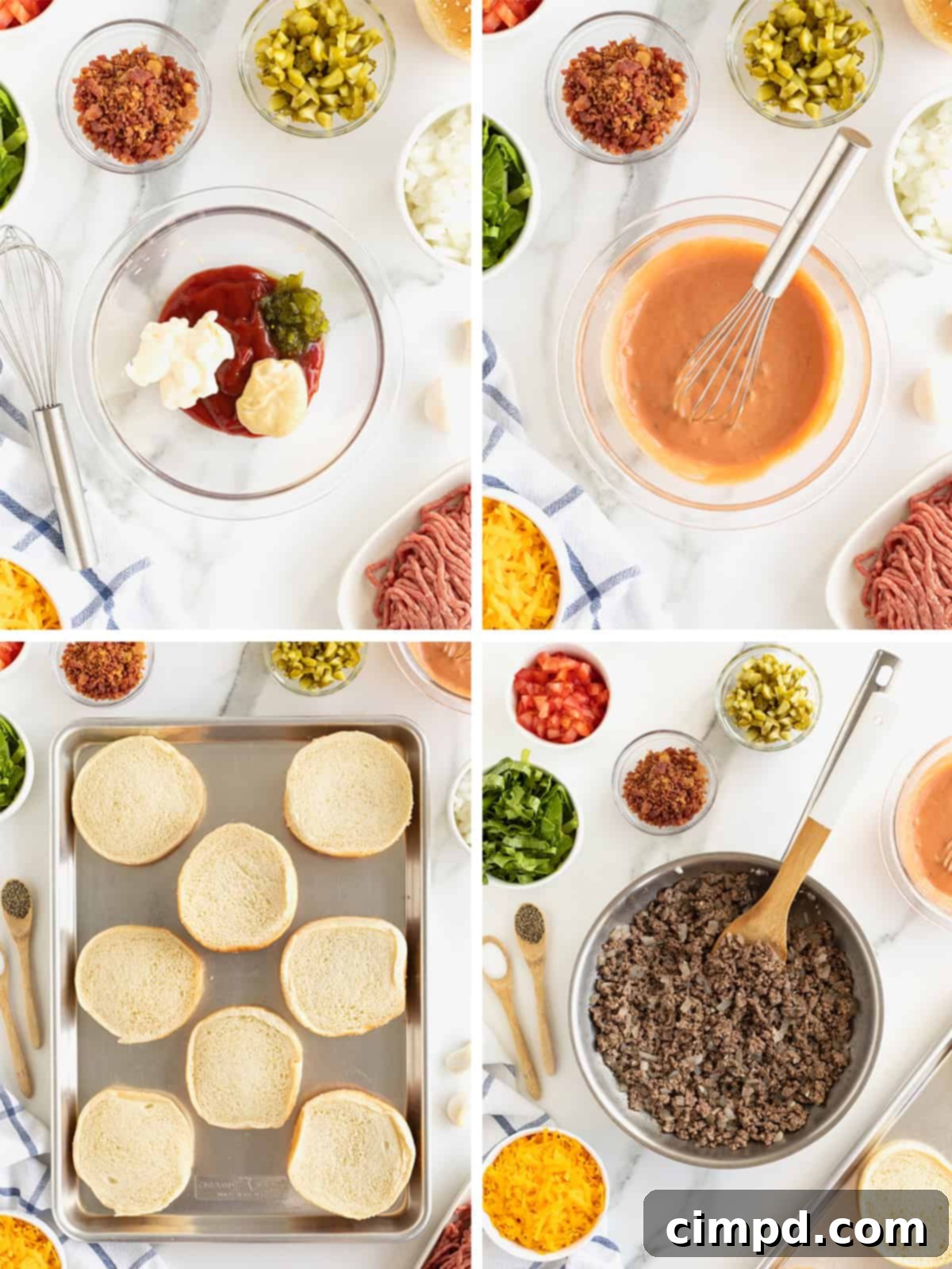 Step-by-step photos showing the preparation of cheeseburger bun pizzas, including sautéing the beef.