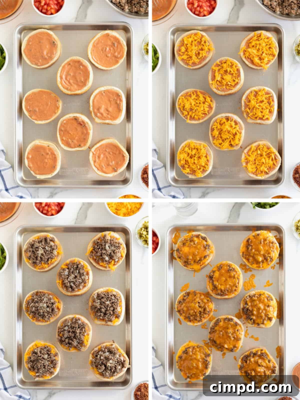 More steps in making cheeseburger bun pizzas, showing the assembly and baking process.