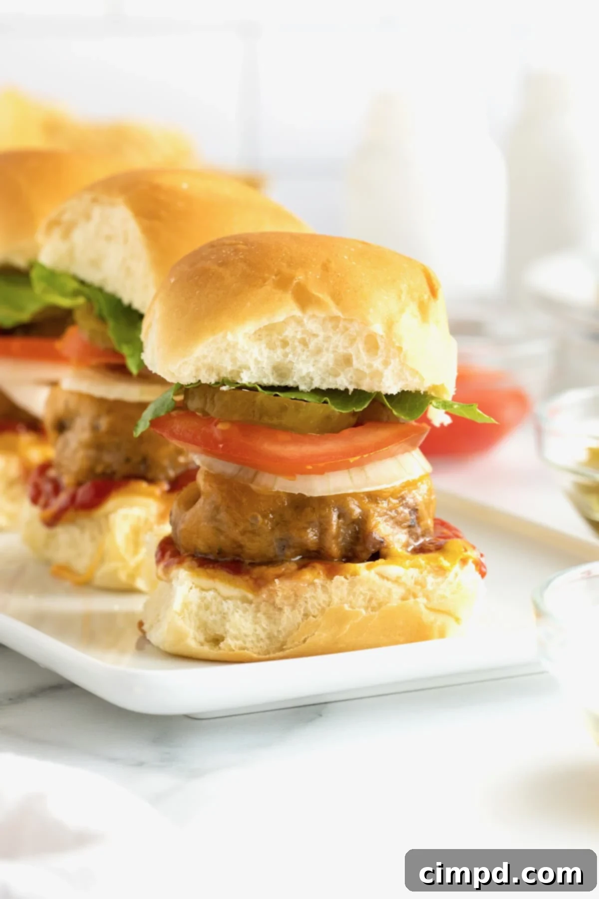 Three mini cheeseburgers with white onion, tomato, pickles and lettuce on a white serving platter, showcasing a perfect sear.