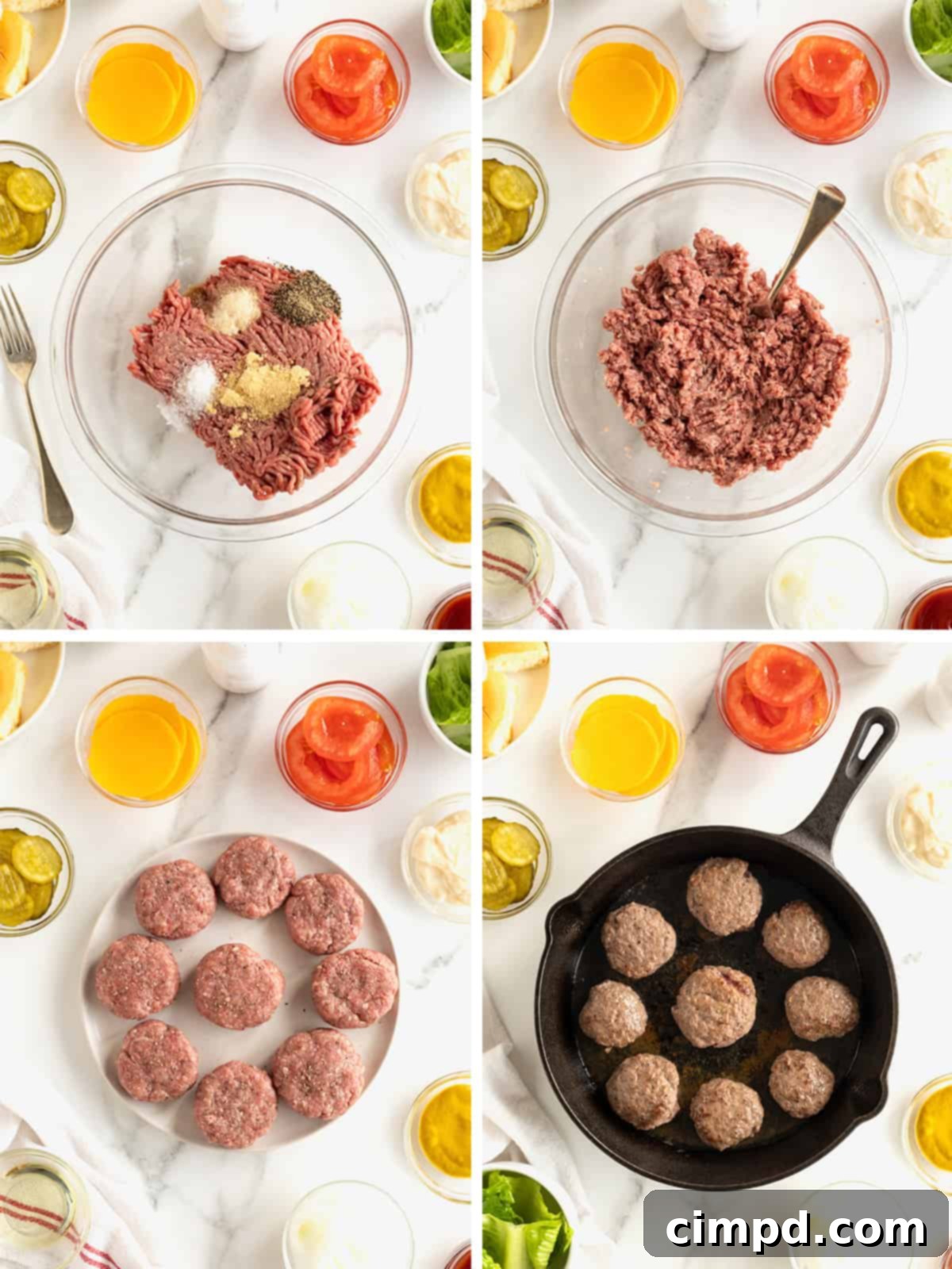 A series of images demonstrating the steps to make sliders in a cast-iron skillet, from forming patties to searing.