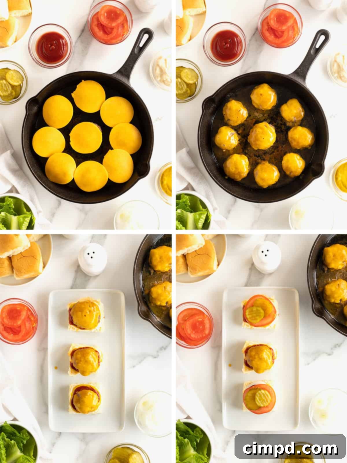 Detailed photographic steps illustrating how to cook mini cheeseburgers in a skillet, including adding cheese.