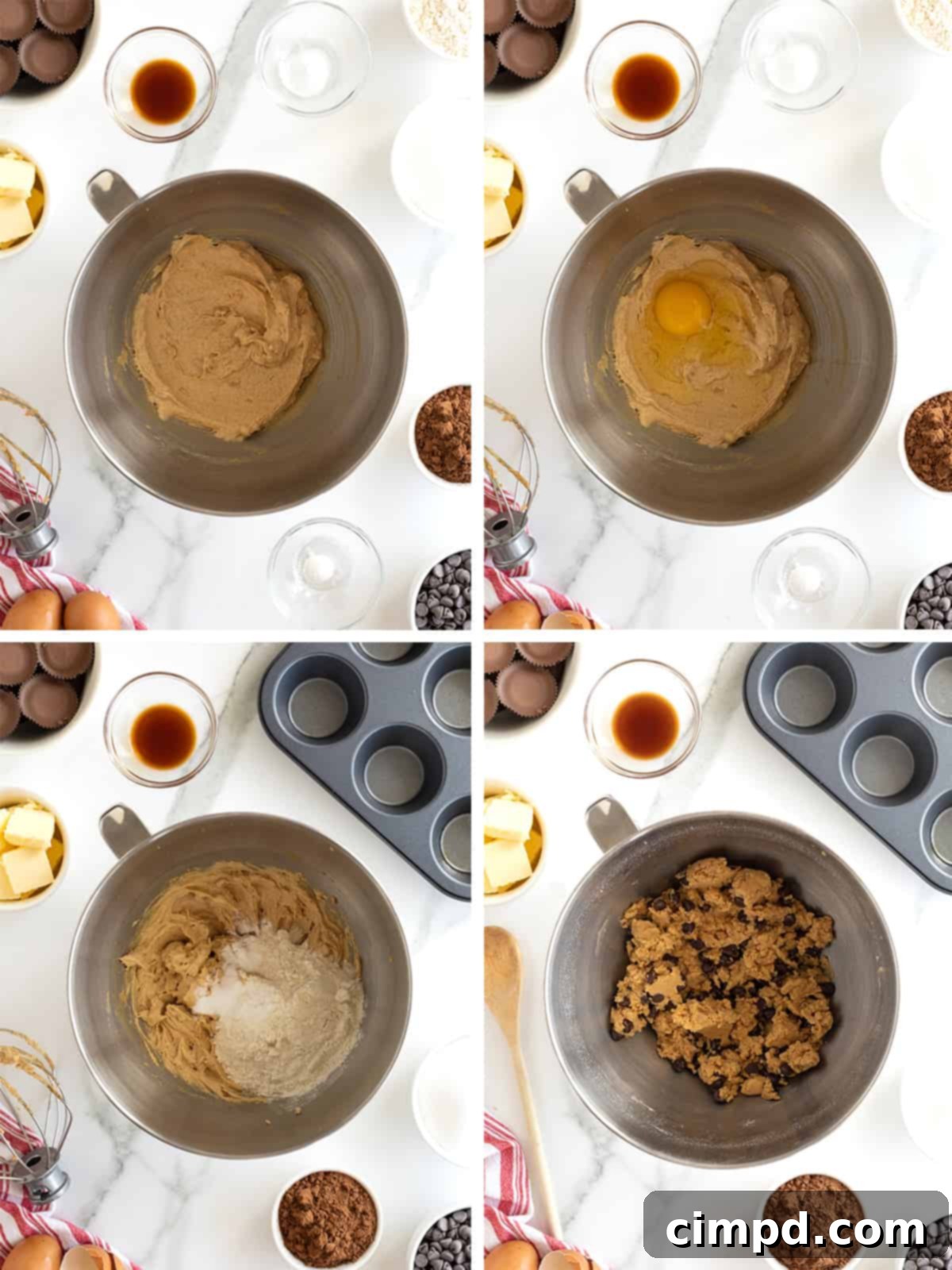 Steps to make peanut butter cup stuffed brookies, showing the cookie dough preparation.