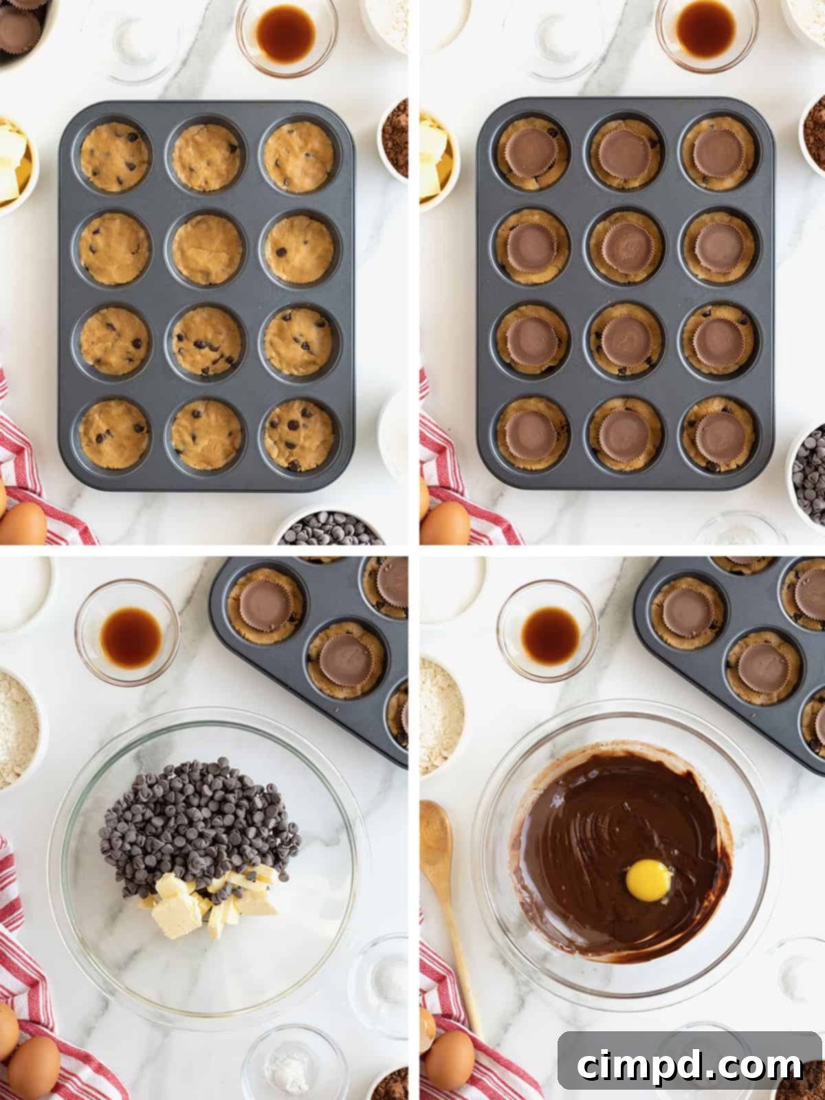 Steps to make peanut butter cup brookies, focusing on the middle layer assembly.