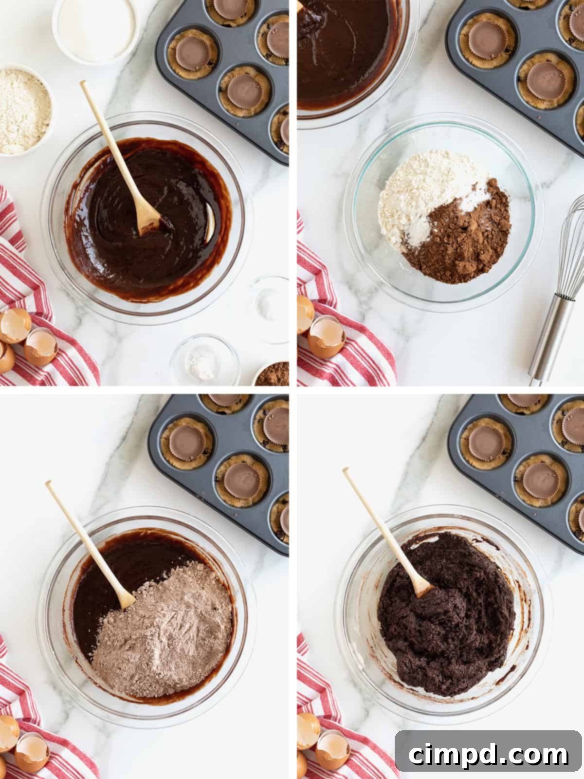 Steps to make peanut butter cup brookies, showing the brownie batter preparation.
