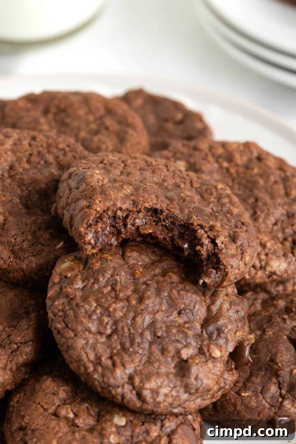 A pile of flourless Nutella cookies. The top cookie has a bite out of it.