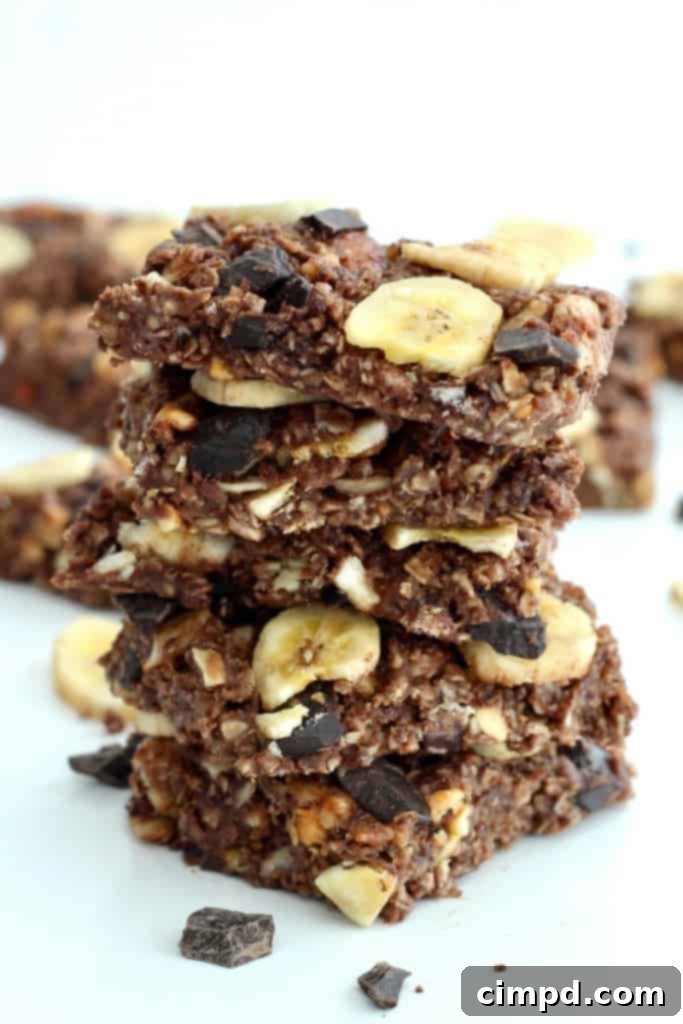 Delicious homemade No-Bake Chunky Monkey Granola Bars with chocolate, peanut butter, and banana